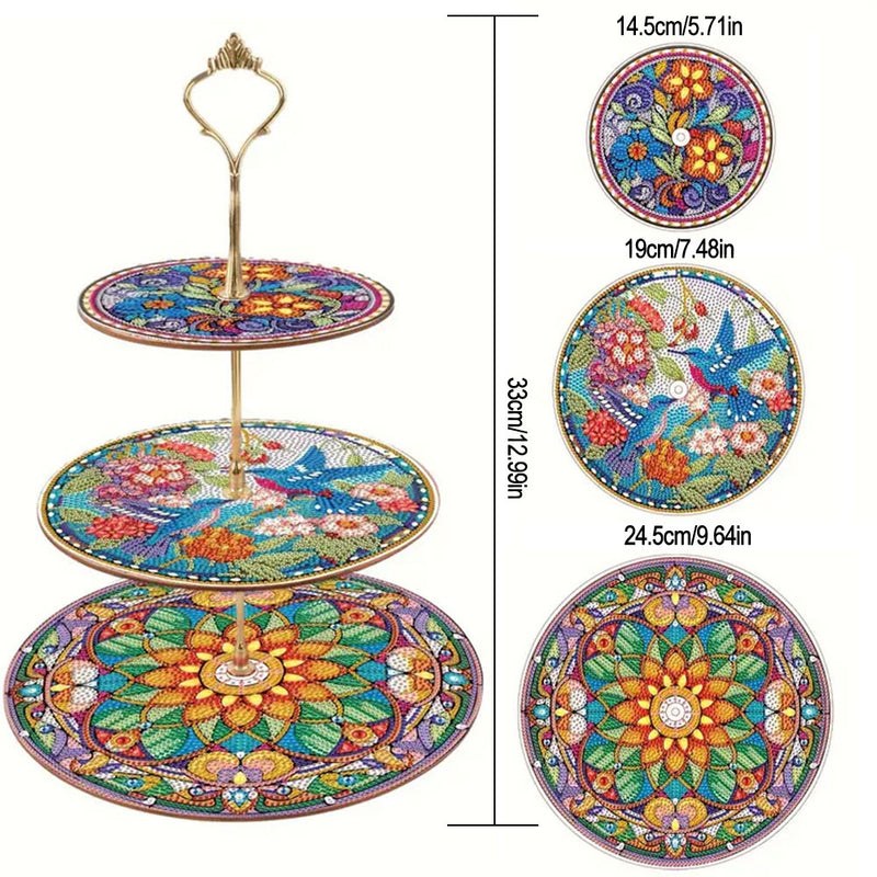 3-Tiered Colorful Mandala and Bird Acrylic Serving Tray Diamond Painting