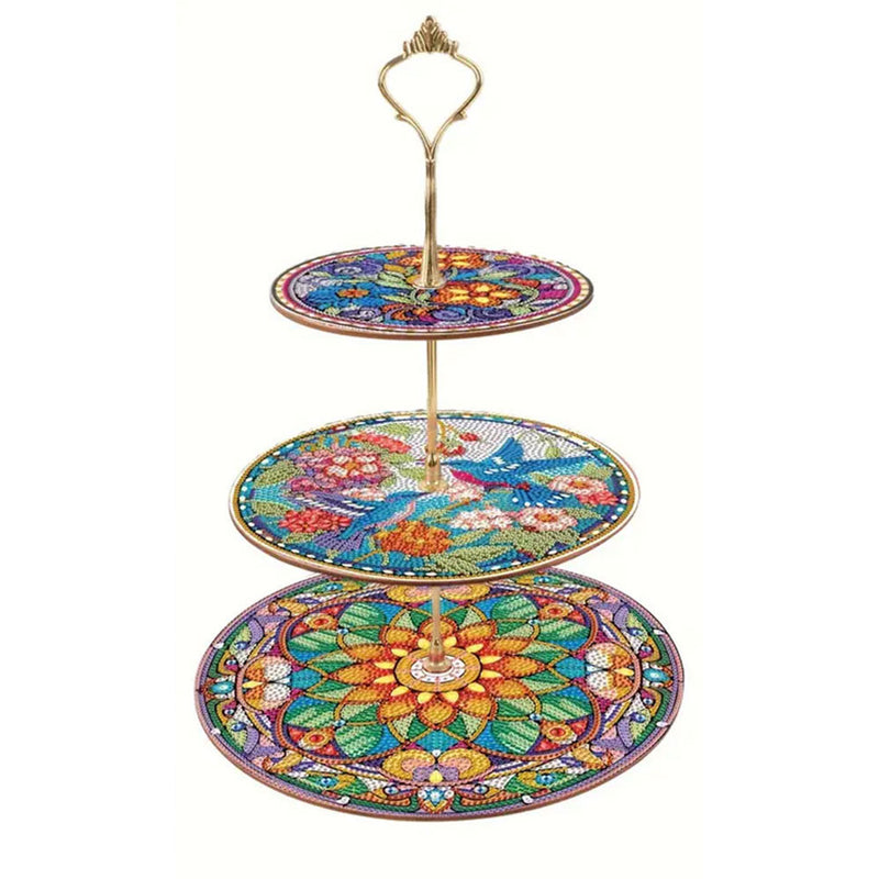 3-Tiered Colorful Mandala and Bird Acrylic Serving Tray Diamond Painting