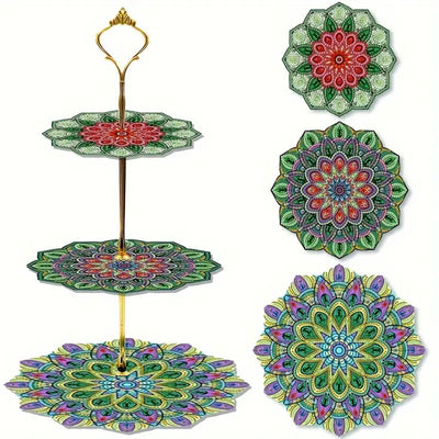 3-Tiered Green Flower Mandala Acrylic Serving Tray Diamond Painting