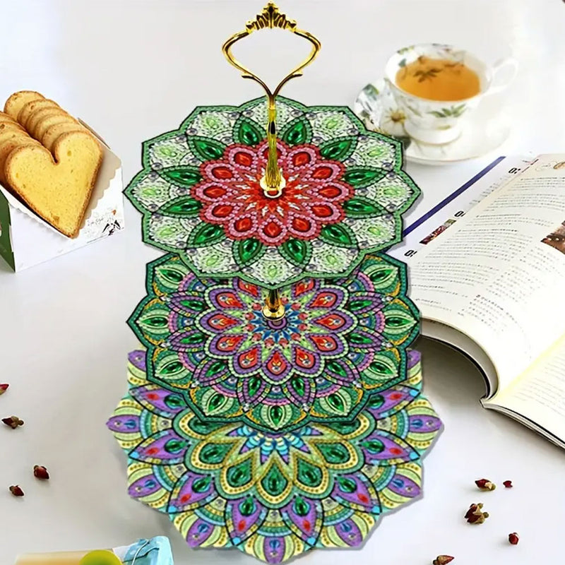 3-Tiered Green Flower Mandala Acrylic Serving Tray Diamond Painting