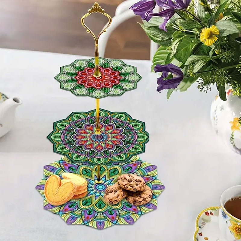 3-Tiered Green Flower Mandala Acrylic Serving Tray Diamond Painting