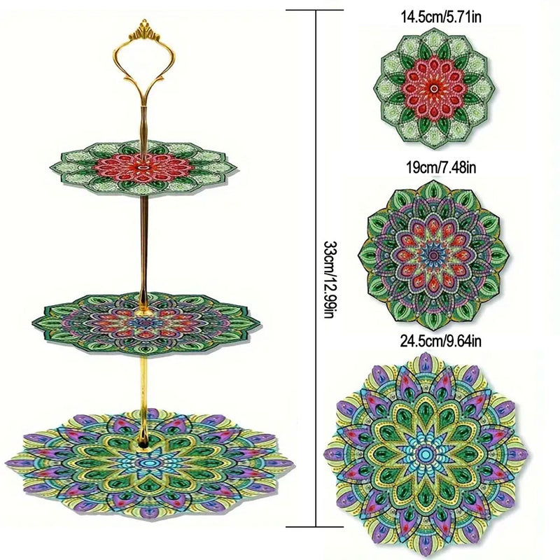 3-Tiered Green Flower Mandala Acrylic Serving Tray Diamond Painting