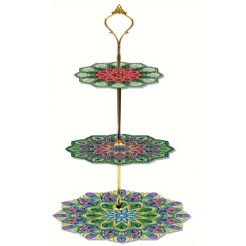 3-Tiered Green Flower Mandala Acrylic Serving Tray Diamond Painting