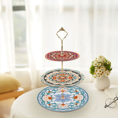 3-Tiered Blue and Red Mandala Acrylic Serving Tray Diamond Painting