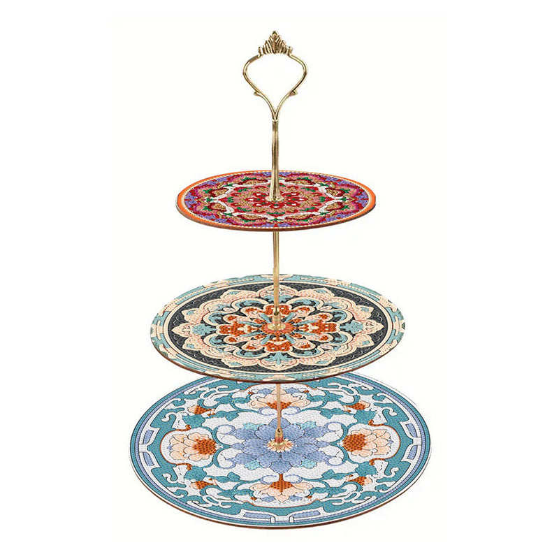 3-Tiered Blue and Red Mandala Acrylic Serving Tray Diamond Painting