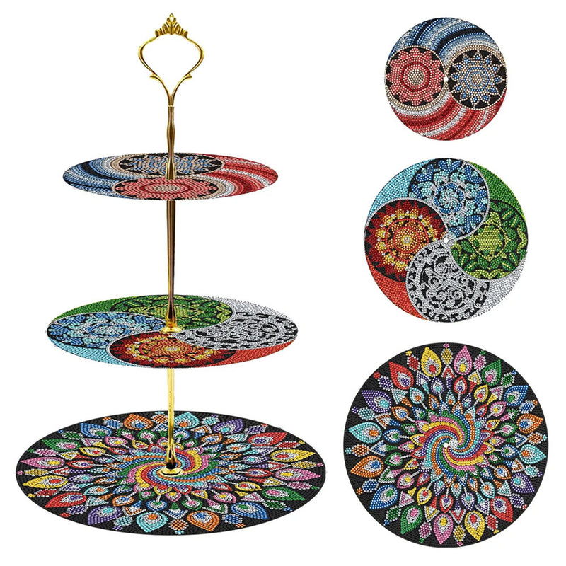 3-Tiered Colorful Spiral  Mandala Acrylic Serving Tray Diamond Painting