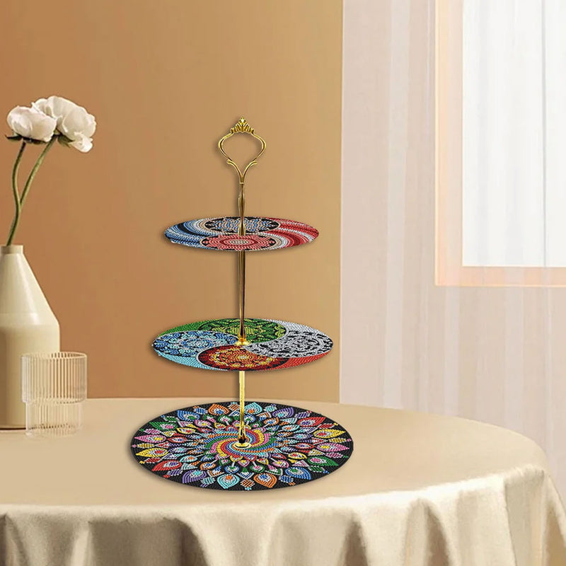 3-Tiered Colorful Spiral  Mandala Acrylic Serving Tray Diamond Painting