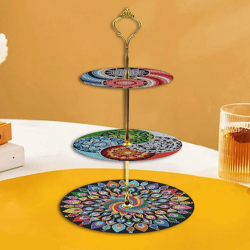 3-Tiered Colorful Spiral  Mandala Acrylic Serving Tray Diamond Painting