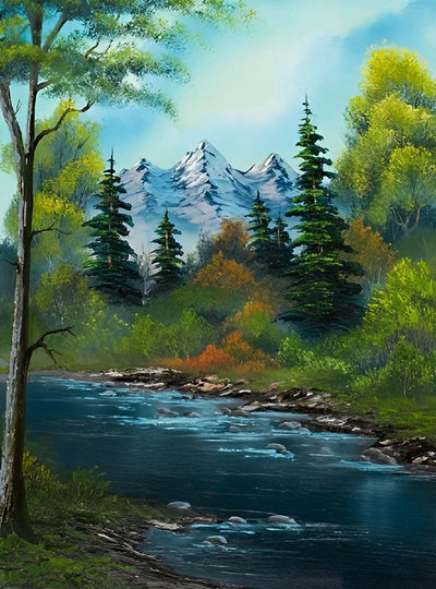 Green Forest and Snowy Mountains Diamond Painting