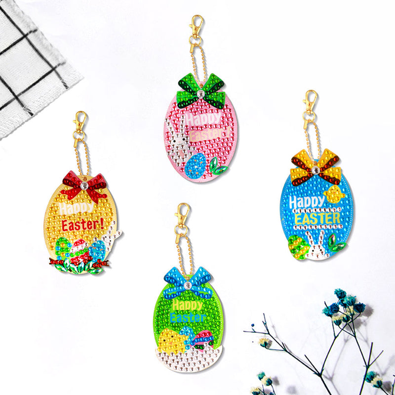 4Pcs Easter Eggs Acrylic Double Side Keychain Diamond Painting