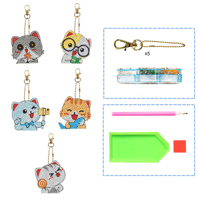 5Pcs Happy Cats Acrylic Double Side Keychain Diamond Painting