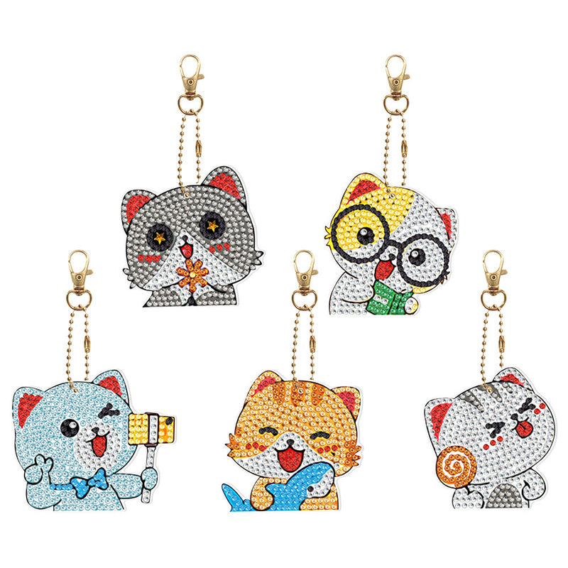 5Pcs Happy Cats Acrylic Double Side Keychain Diamond Painting