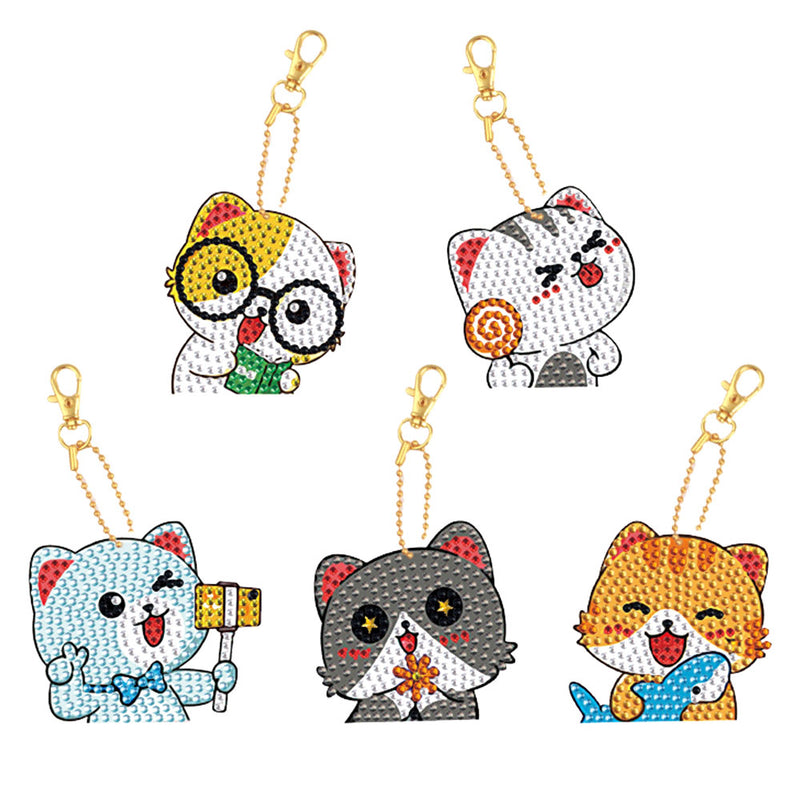 5Pcs Happy Cats Acrylic Double Side Keychain Diamond Painting