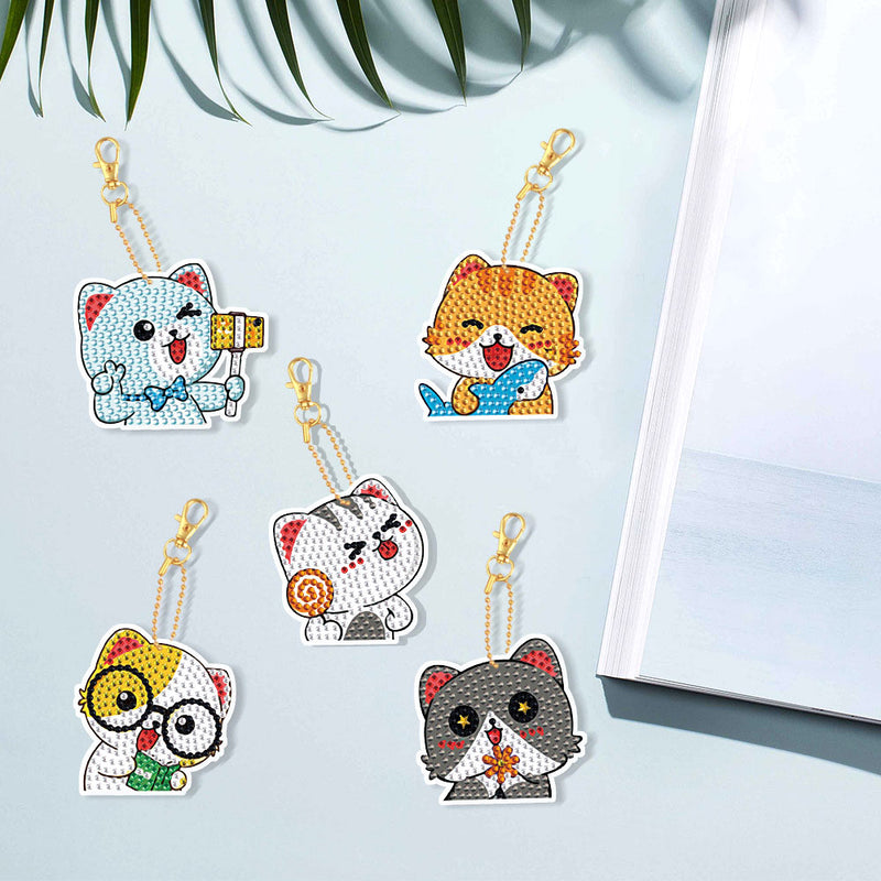 5Pcs Happy Cats Acrylic Double Side Keychain Diamond Painting