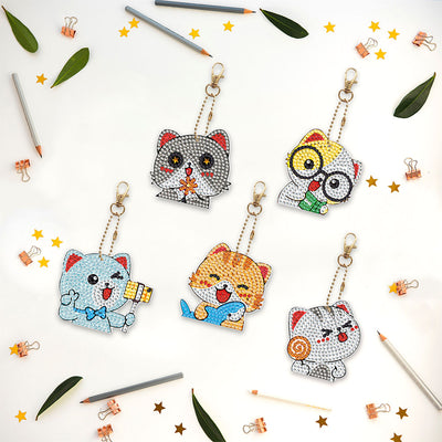 5Pcs Happy Cats Acrylic Double Side Keychain Diamond Painting