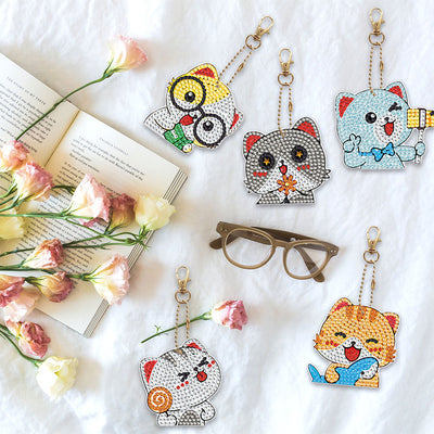 5Pcs Happy Cats Acrylic Double Side Keychain Diamond Painting