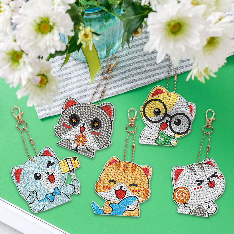 5Pcs Happy Cats Acrylic Double Side Keychain Diamond Painting