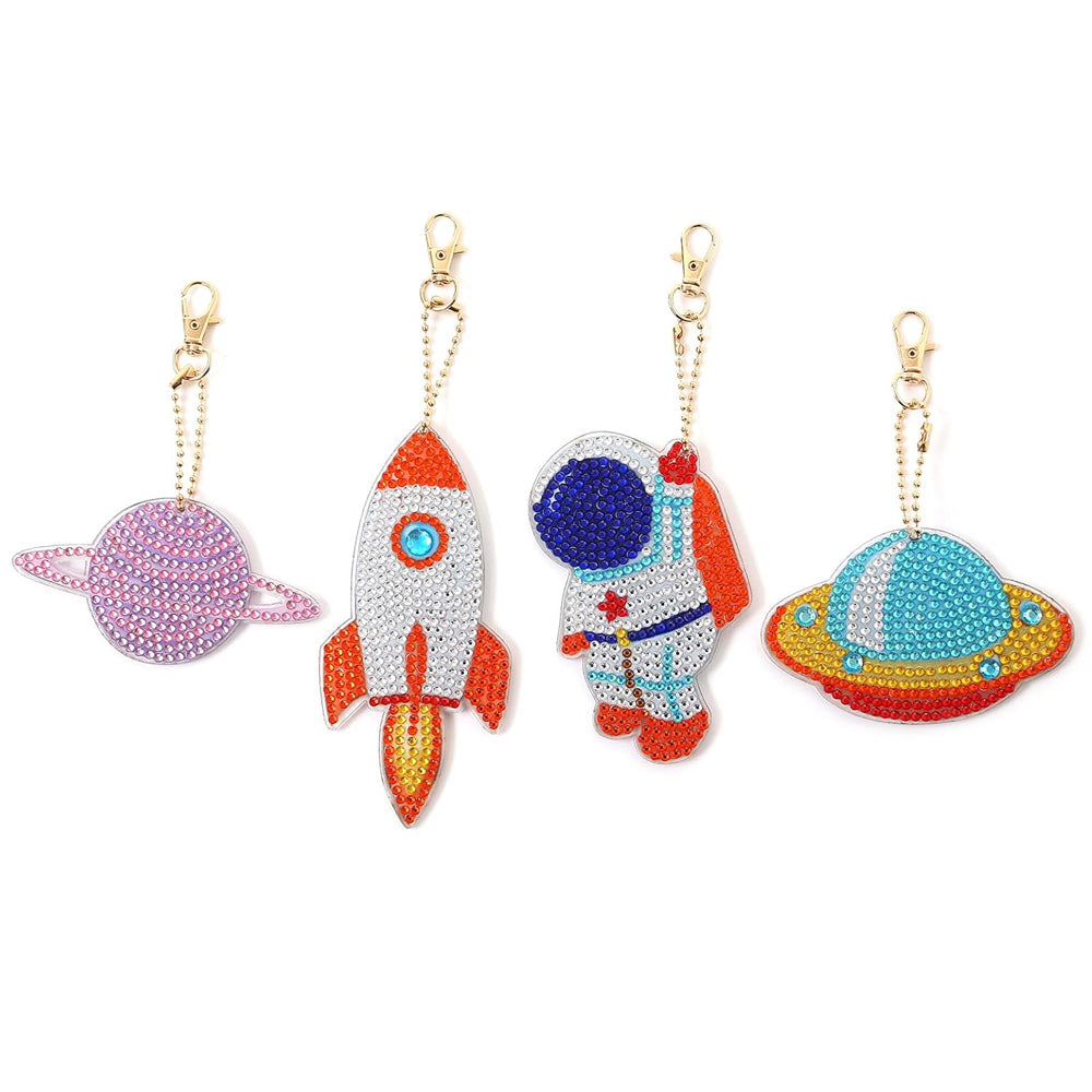 4Pcs Astronaut and Planet Acrylic Double Side Keychain Diamond Painting