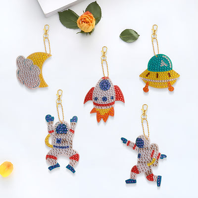 5Pcs Astronaut and Rocket Acrylic Double Side Keychain Diamond Painting