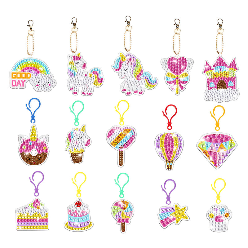 15Pcs Childlike Rainbow Gem Unicorn Acrylic One Side Keychain Diamond Painting