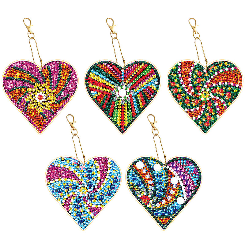 5Pcs Colorful Heart Acrylic Double Side Keychain Diamond Painting