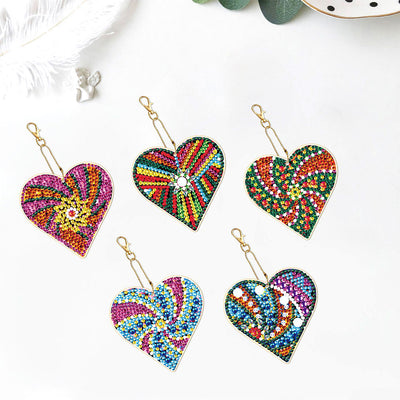 5Pcs Colorful Heart Acrylic Double Side Keychain Diamond Painting