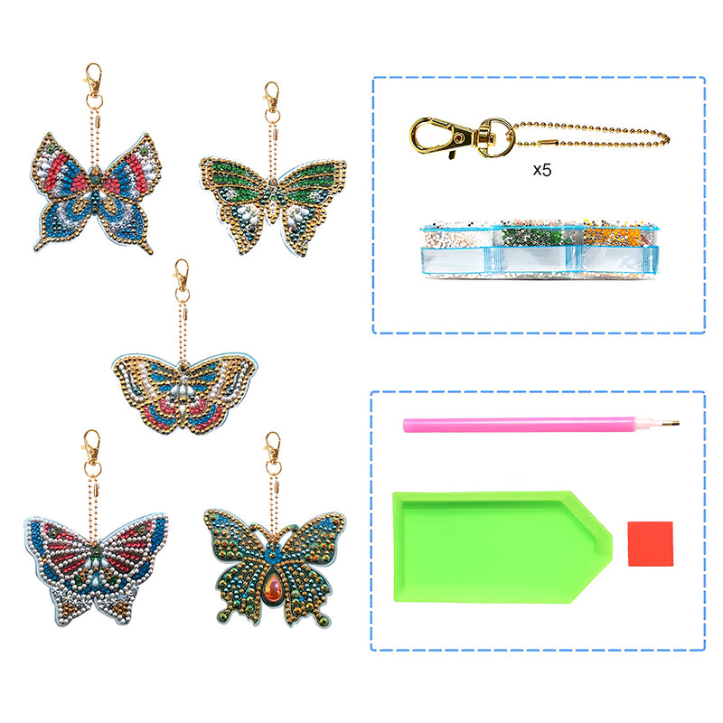 5Pcs Gorgeous Butterfly Acrylic Double Side Keychain Diamond Painting