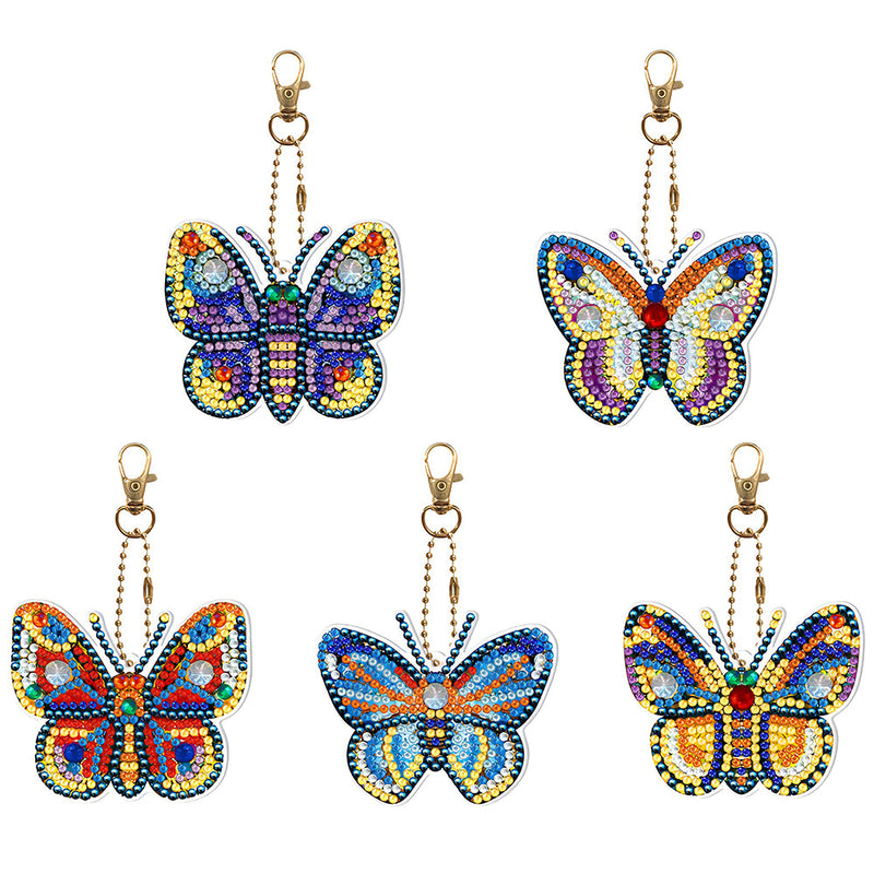 5Pcs Beautiful and Gorgeous Butterfly Acrylic Double Side Keychain Diamond Painting