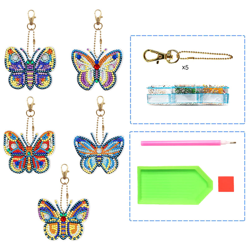 5Pcs Beautiful and Gorgeous Butterfly Acrylic Double Side Keychain Diamond Painting