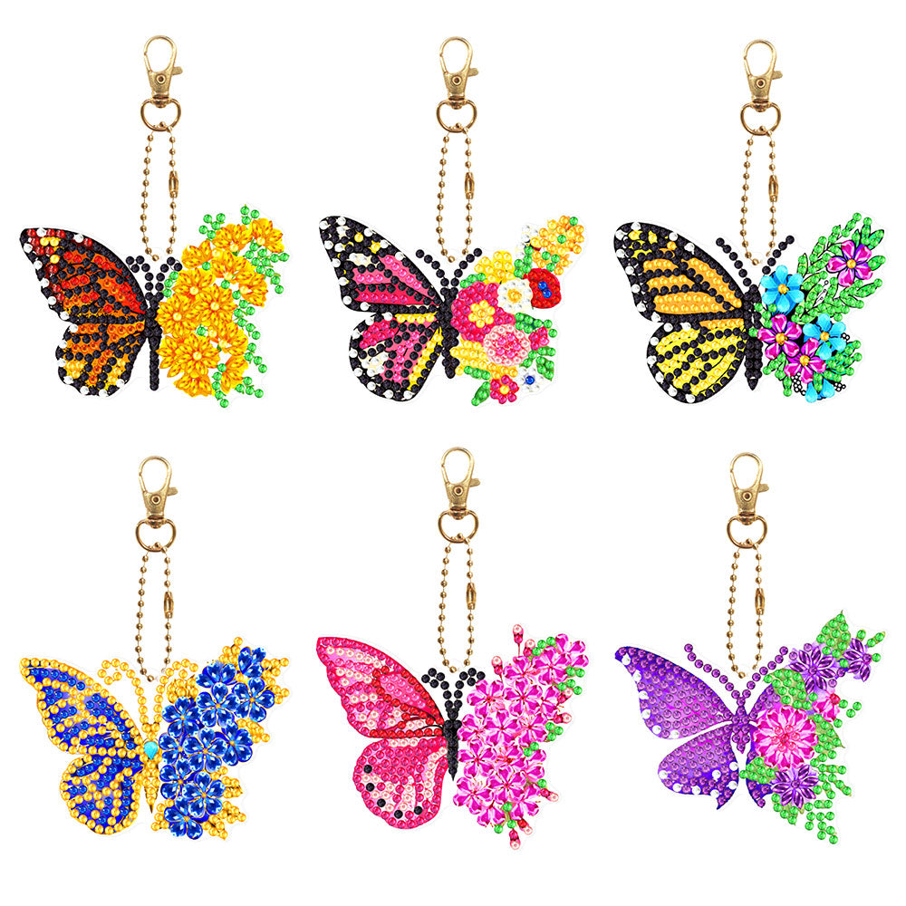 6Pcs Flower Butterfly Acrylic Double Side Keychain Diamond Painting