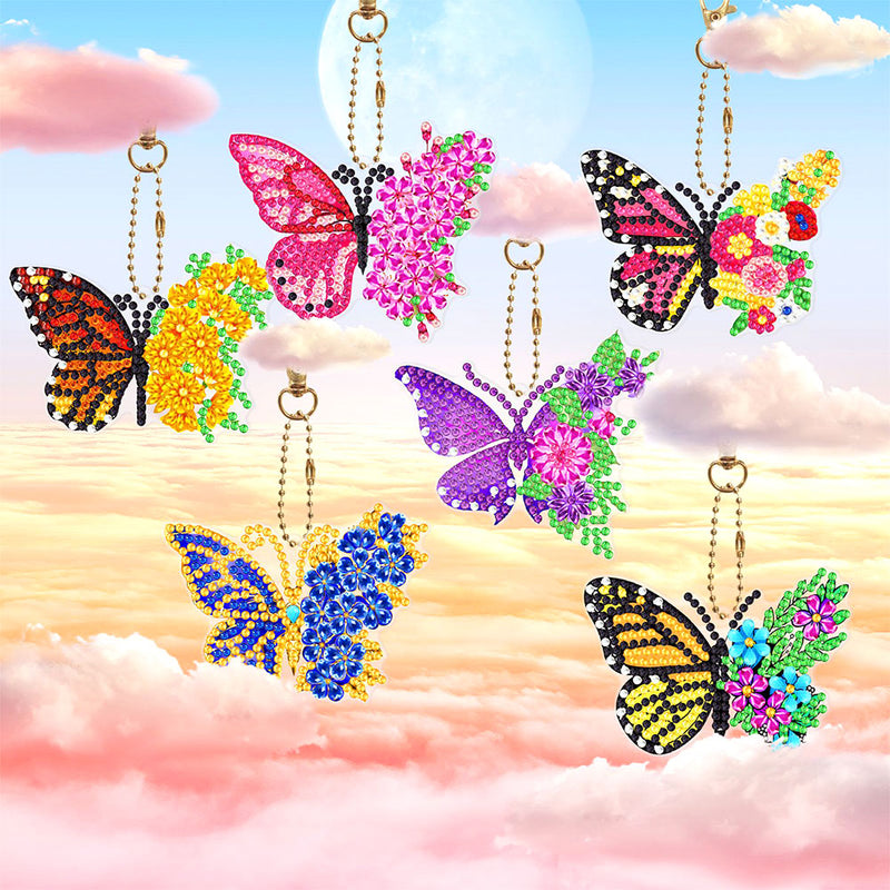 6Pcs Flower Butterfly Acrylic Double Side Keychain Diamond Painting