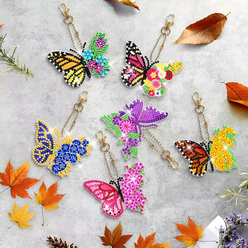 6Pcs Flower Butterfly Acrylic Double Side Keychain Diamond Painting