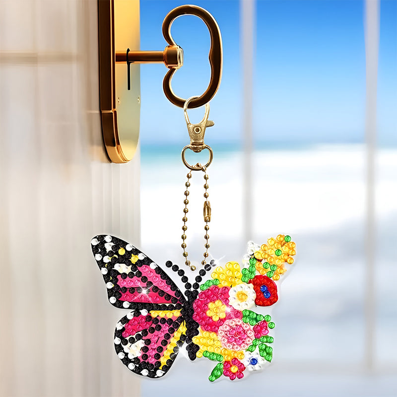 6Pcs Flower Butterfly Acrylic Double Side Keychain Diamond Painting