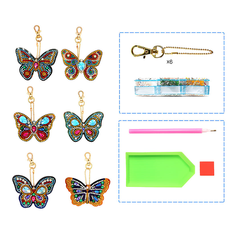 6Pcs Gorgeous Butterfly Acrylic Double Side Keychain Diamond Painting