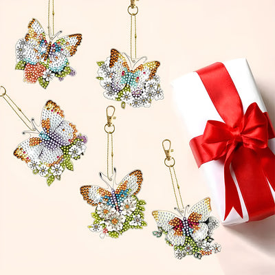 5Pcs Flower Butterfly Acrylic Double Side Keychain Diamond Painting