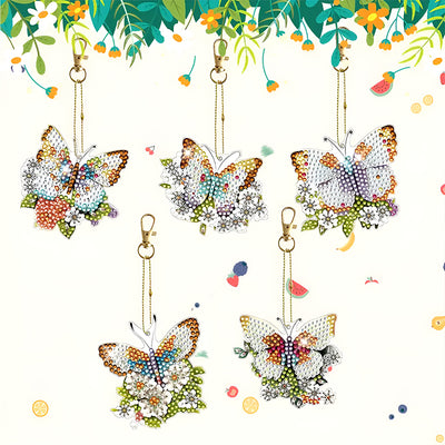 5Pcs Flower Butterfly Acrylic Double Side Keychain Diamond Painting