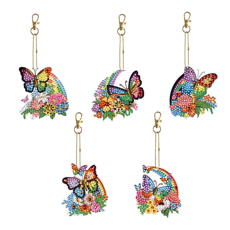 5Pcs Rainbow Flower Butterfly Acrylic Double Side Keychain Diamond Painting