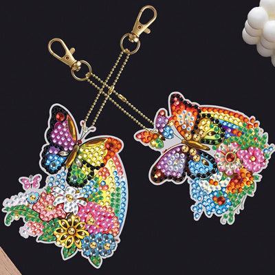 5Pcs Rainbow Flower Butterfly Acrylic Double Side Keychain Diamond Painting