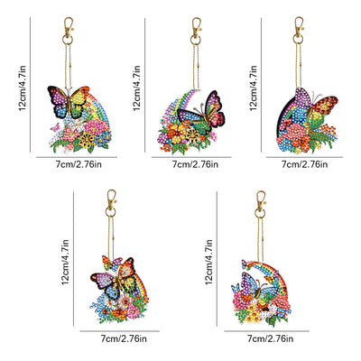 5Pcs Rainbow Flower Butterfly Acrylic Double Side Keychain Diamond Painting