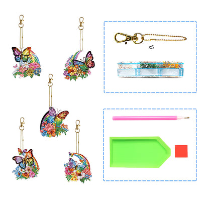 5Pcs Rainbow Flower Butterfly Acrylic Double Side Keychain Diamond Painting