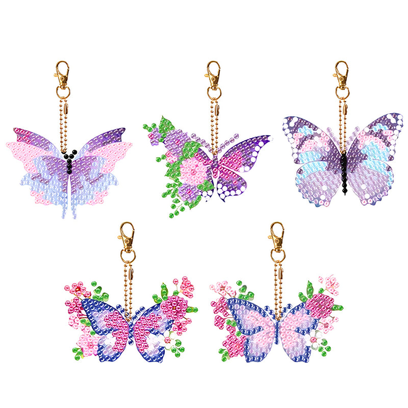 5Pcs Purple Pink Flower Butterfly Acrylic Double Side Keychain Diamond Painting