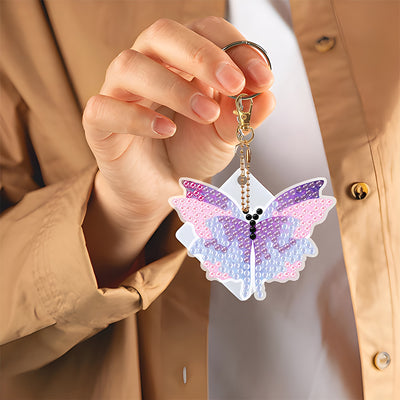 5Pcs Purple Pink Flower Butterfly Acrylic Double Side Keychain Diamond Painting