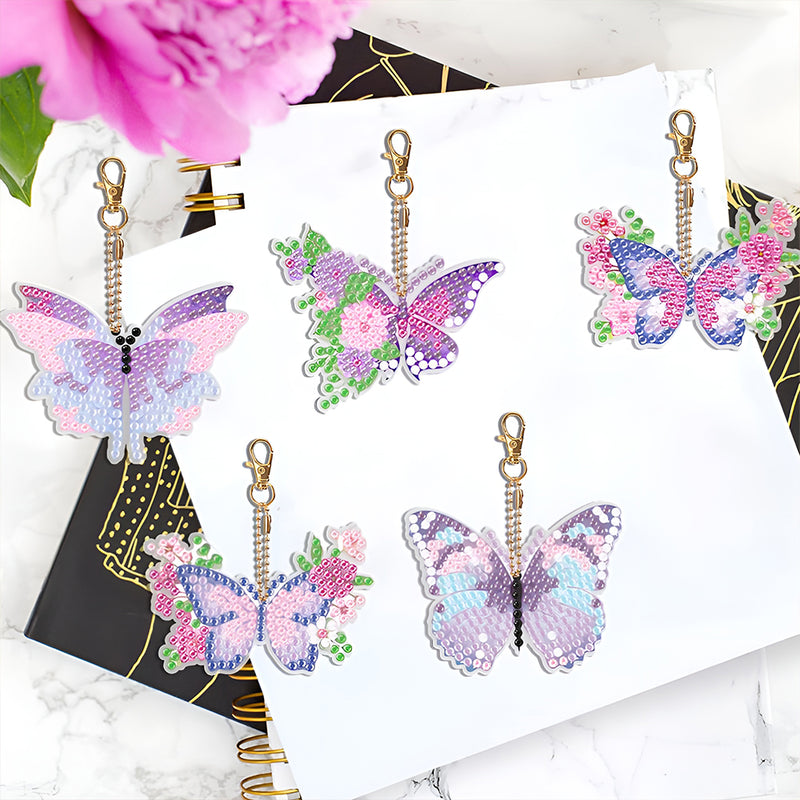 5Pcs Purple Pink Flower Butterfly Acrylic Double Side Keychain Diamond Painting