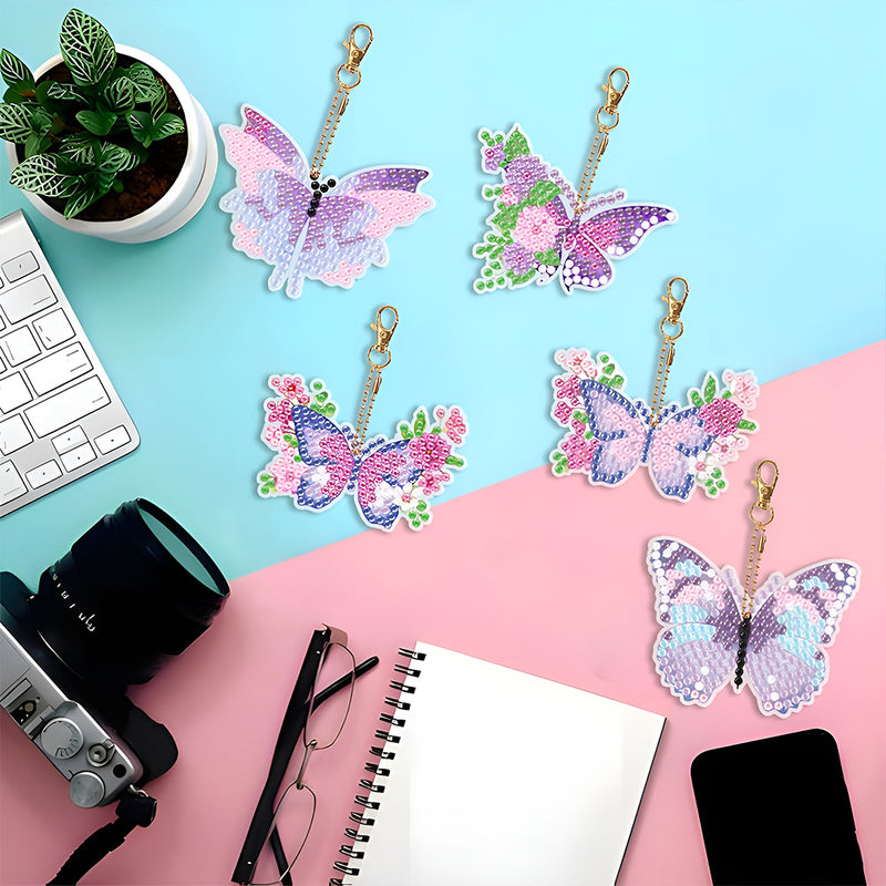 5Pcs Purple Pink Flower Butterfly Acrylic Double Side Keychain Diamond Painting