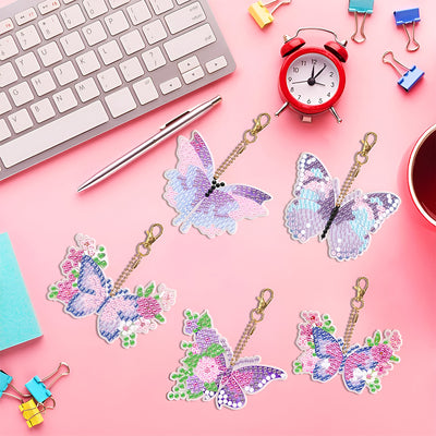 5Pcs Purple Pink Flower Butterfly Acrylic Double Side Keychain Diamond Painting