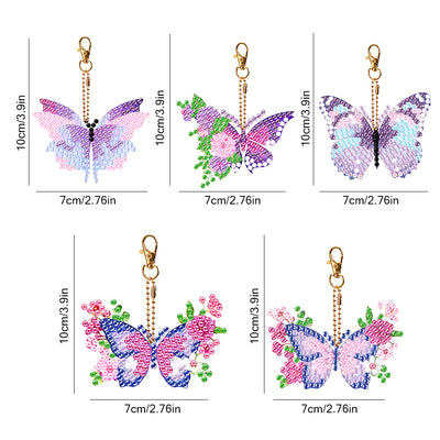 5Pcs Purple Pink Flower Butterfly Acrylic Double Side Keychain Diamond Painting