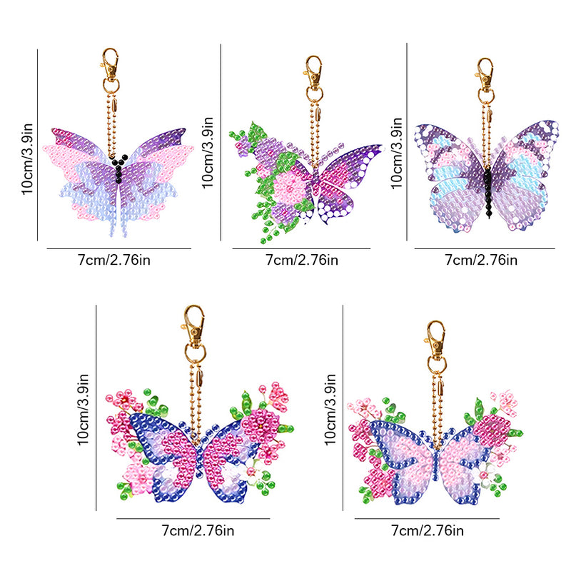 5Pcs Purple Pink Flower Butterfly Acrylic Double Side Keychain Diamond Painting