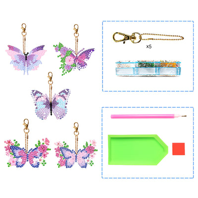 5Pcs Purple Pink Flower Butterfly Acrylic Double Side Keychain Diamond Painting