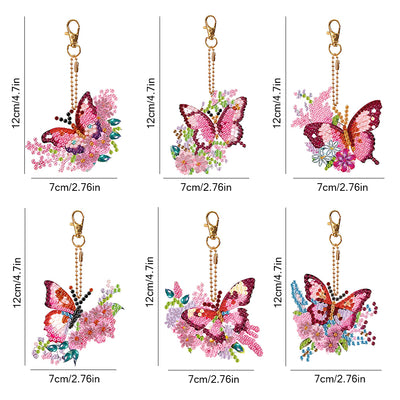 6Pcs Pink and Red Flower Butterfly Acrylic Double Side Keychain Diamond Painting