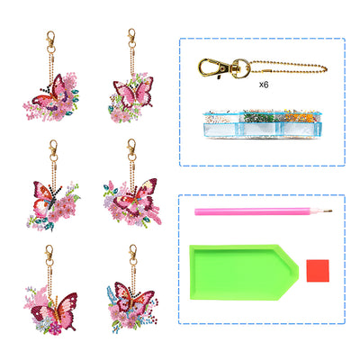 6Pcs Pink and Red Flower Butterfly Acrylic Double Side Keychain Diamond Painting